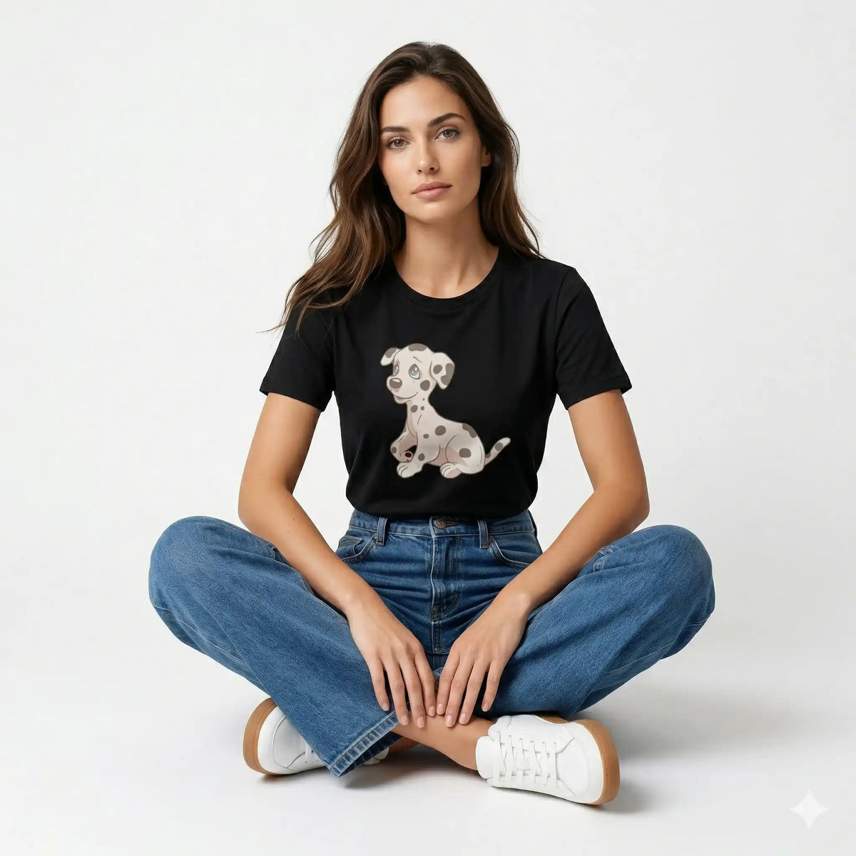 Woman wearing a black t-shirt with a dog graphic and blue jeans sitting on a white background