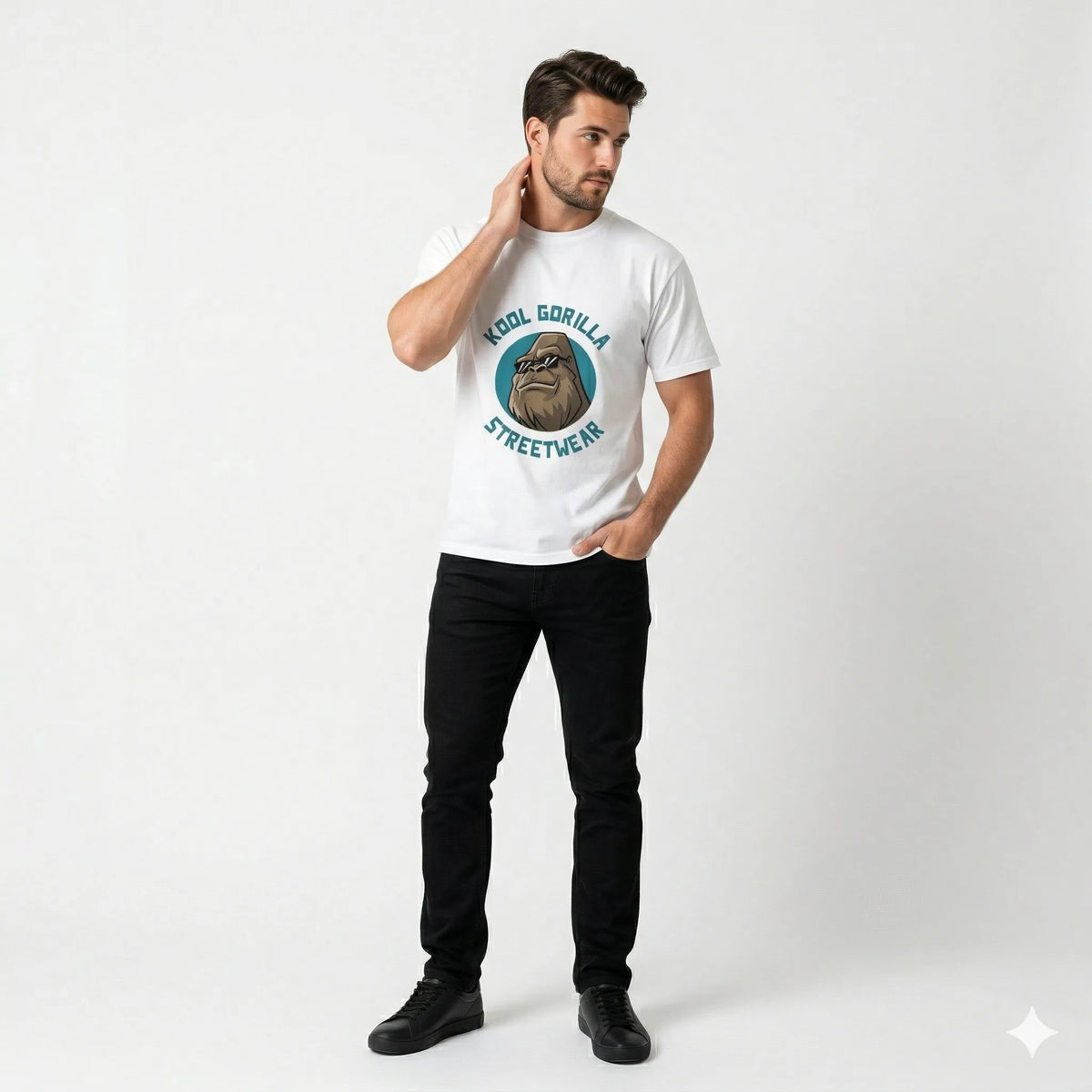 Man wearing a white t-shirt with 'Kool Gorilla Streetwear' graphic design.