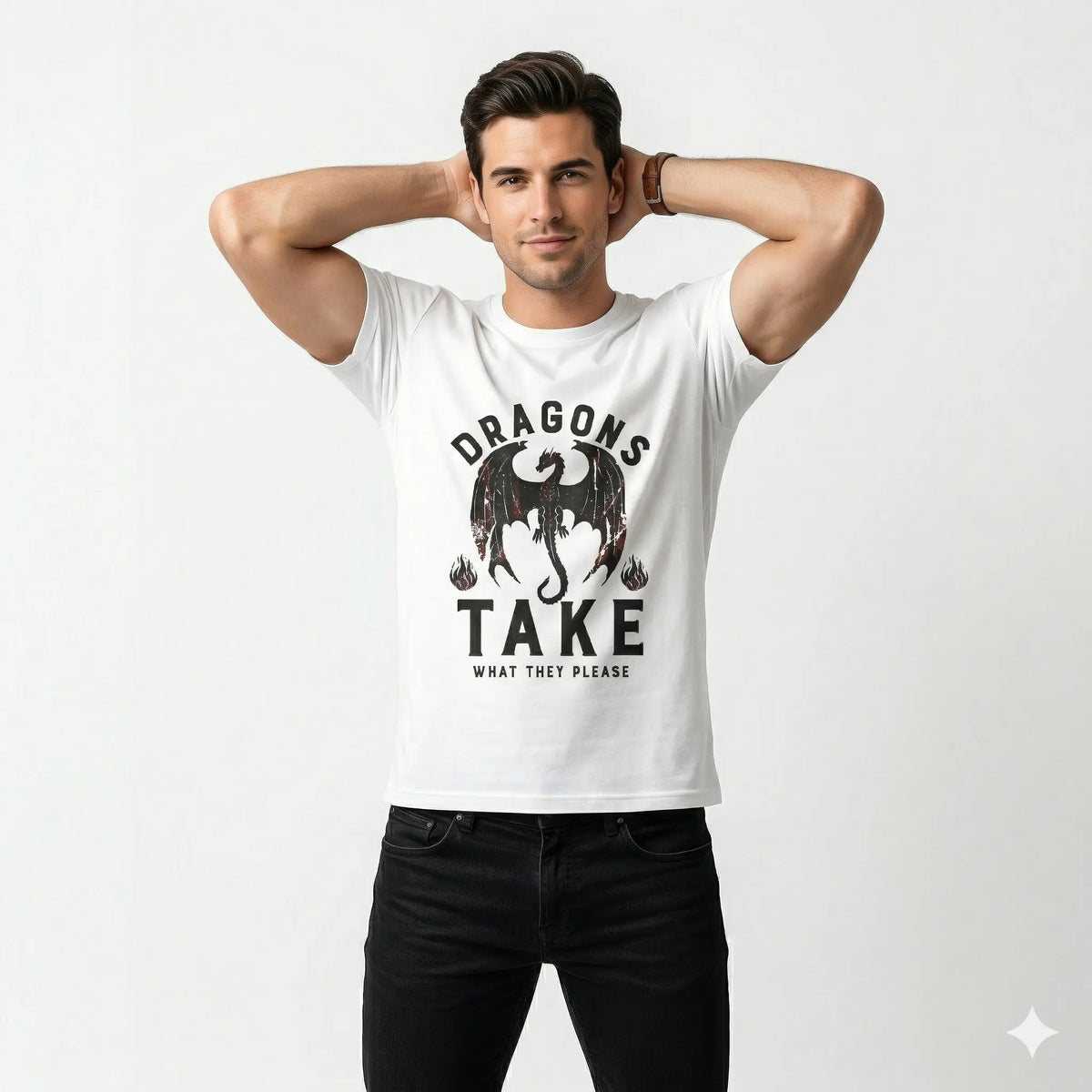 Man wearing a white t-shirt with a graphic design by a poolside