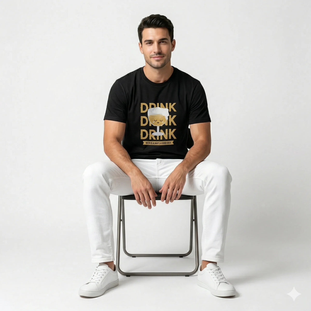 Man sitting on a chair wearing a black t-shirt with 'Drink Drink Drink' text and a beer graphic.