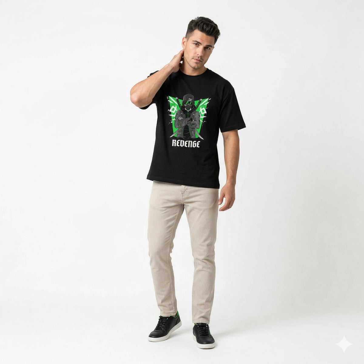 Man wearing a black t-shirt with a graphic design on a white background