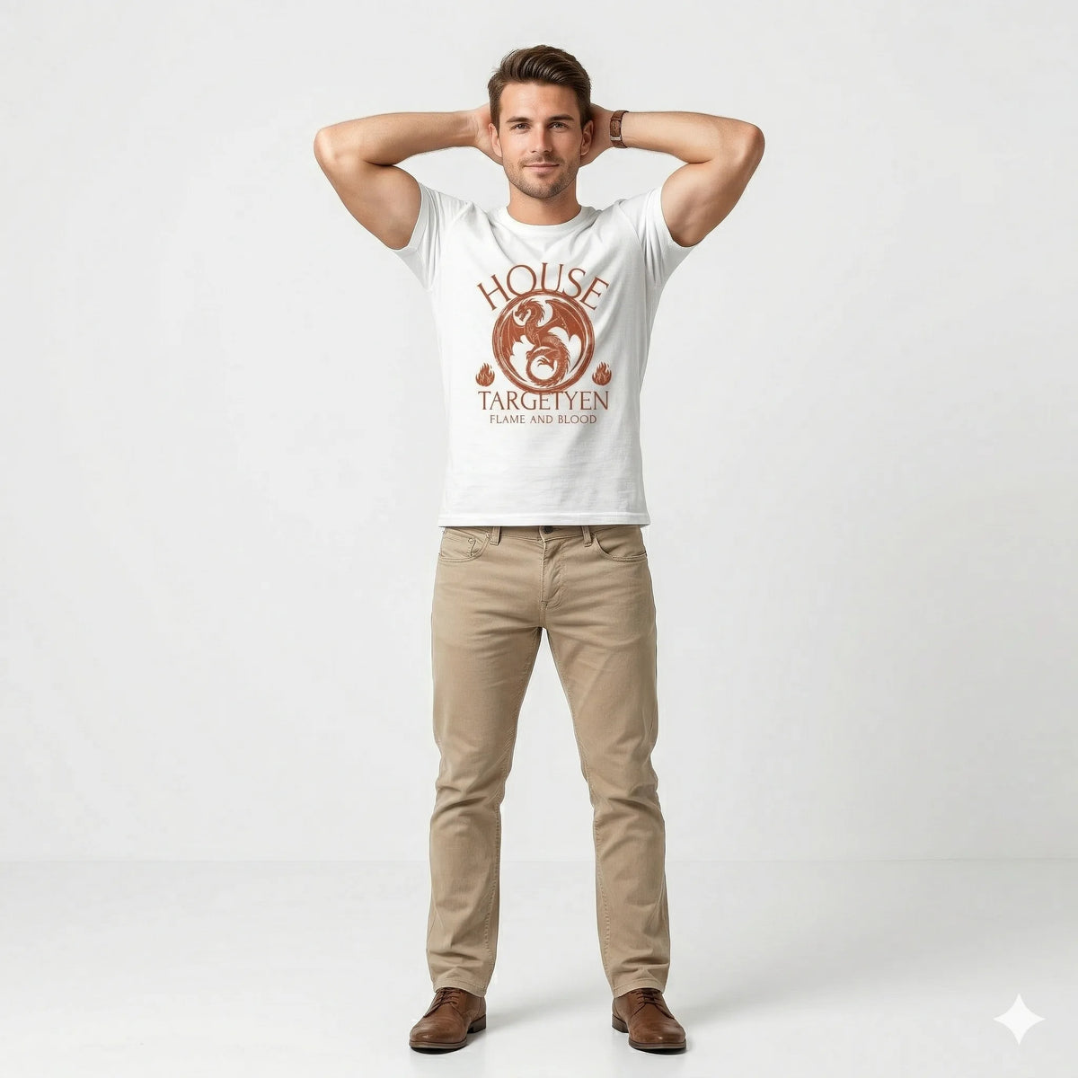 Person wearing a white t-shirt with 'House Targaryen' design, sitting by a water fountain.
