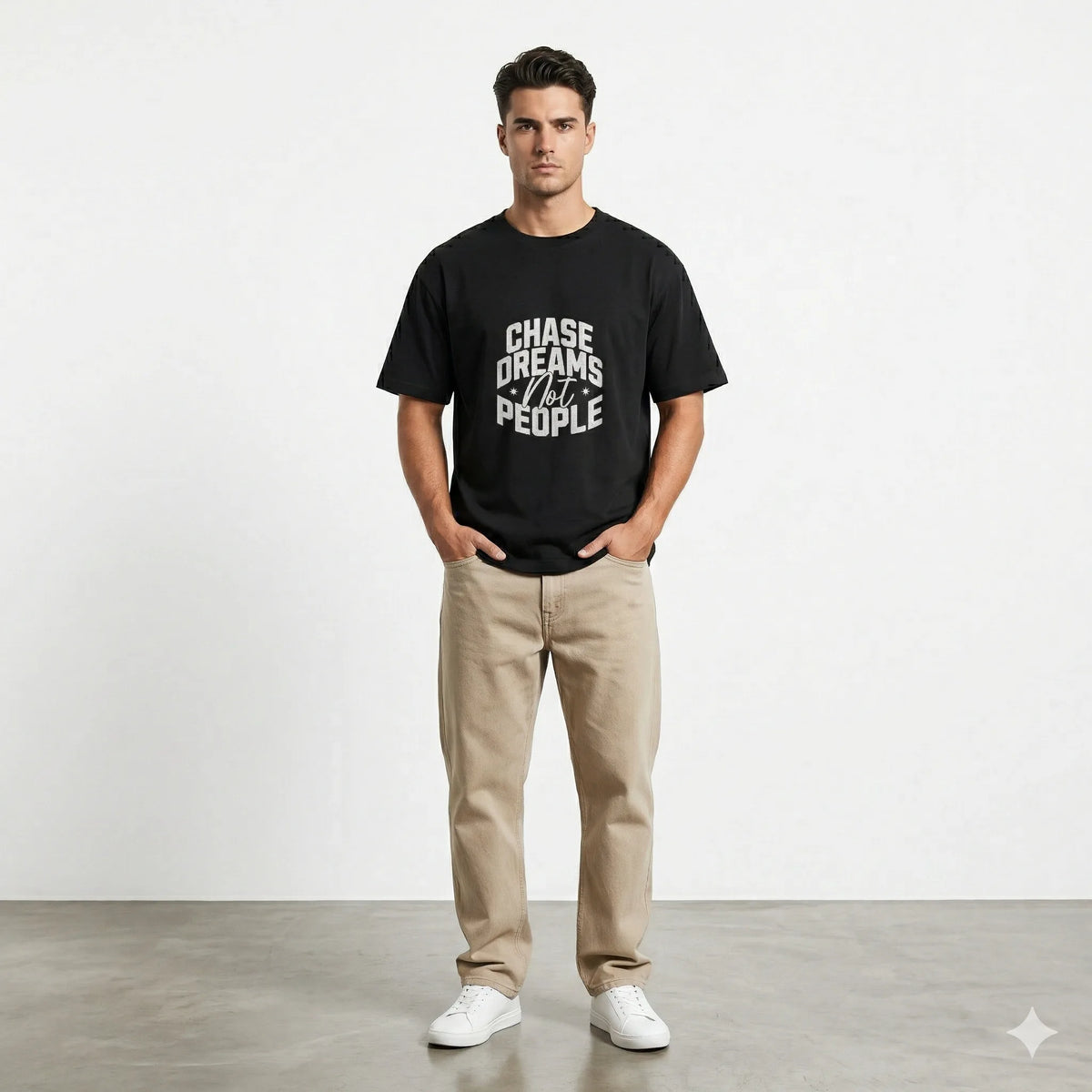 Man wearing a black t-shirt with 'Chase dreams not people' text, standing indoors with plants in the background.