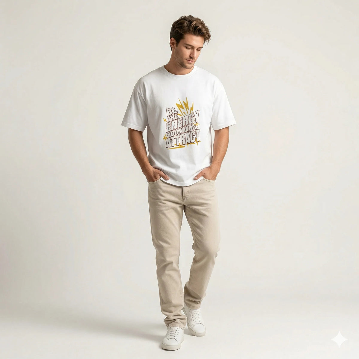 Man holding a tennis racket on a tennis court with a white t-shirt featuring text and graphics.