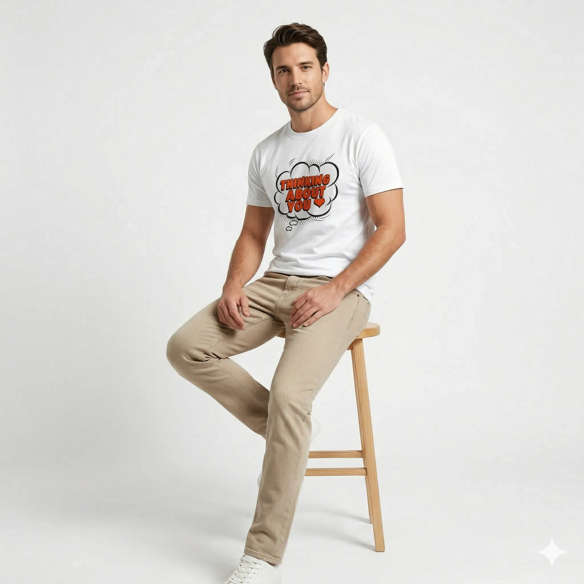 Person wearing a white t-shirt with 'Thinking About You' text design.