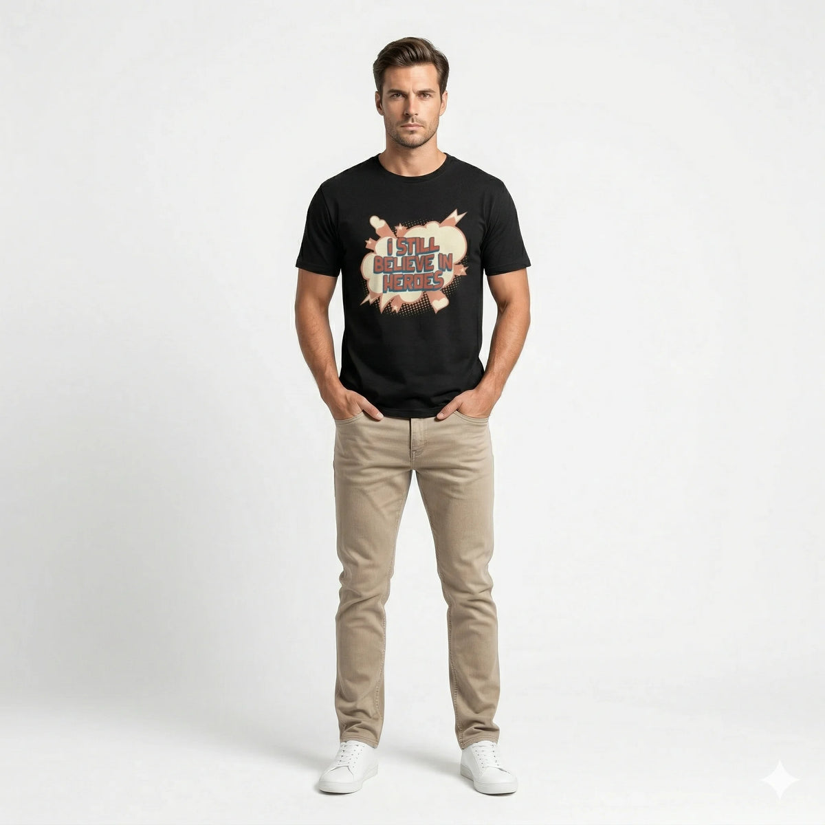 Man wearing a black t-shirt with a graphic design and text, beige pants, and white shoes on a white background