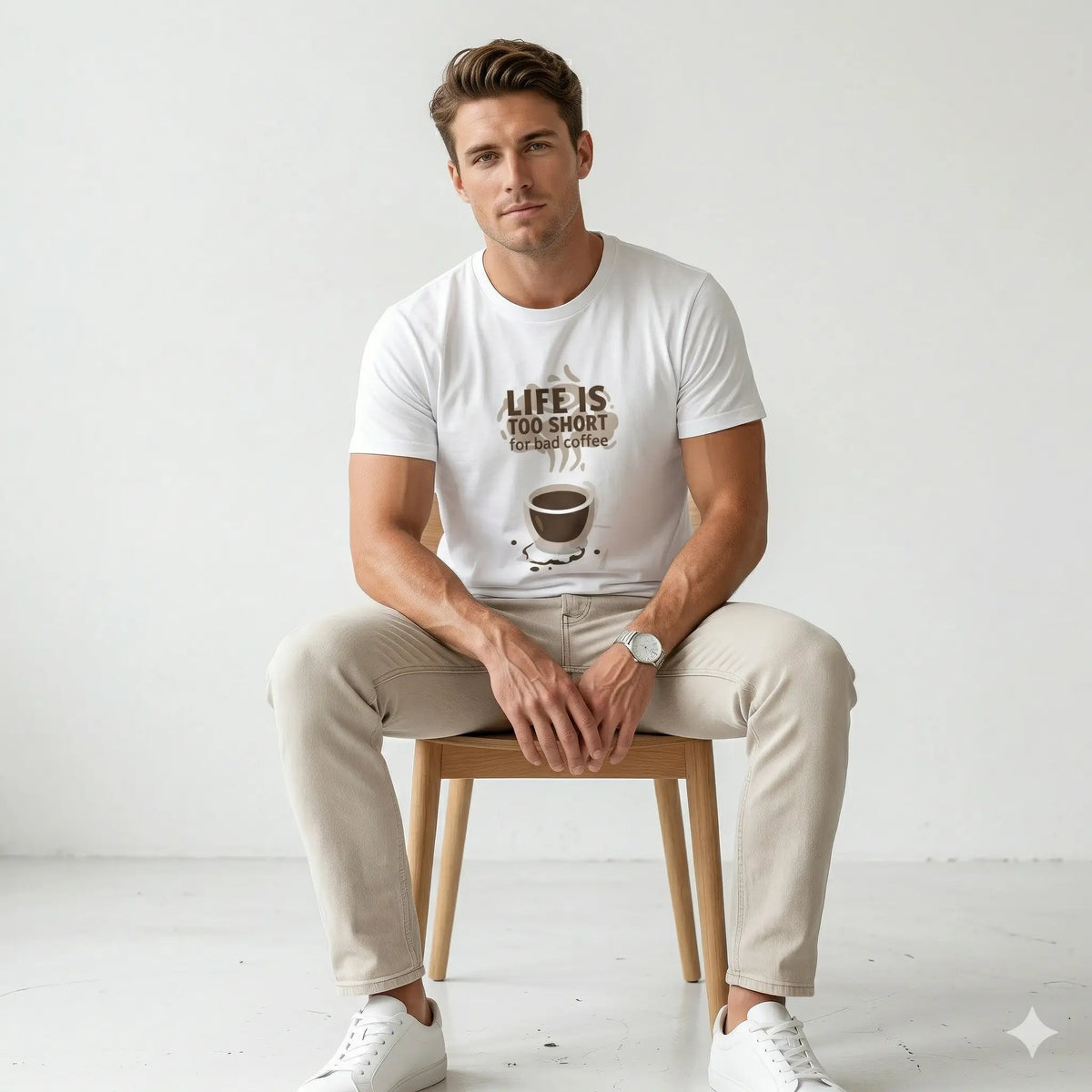 Man wearing a white t-shirt with a coffee graphic and text against a blue tiled wall.