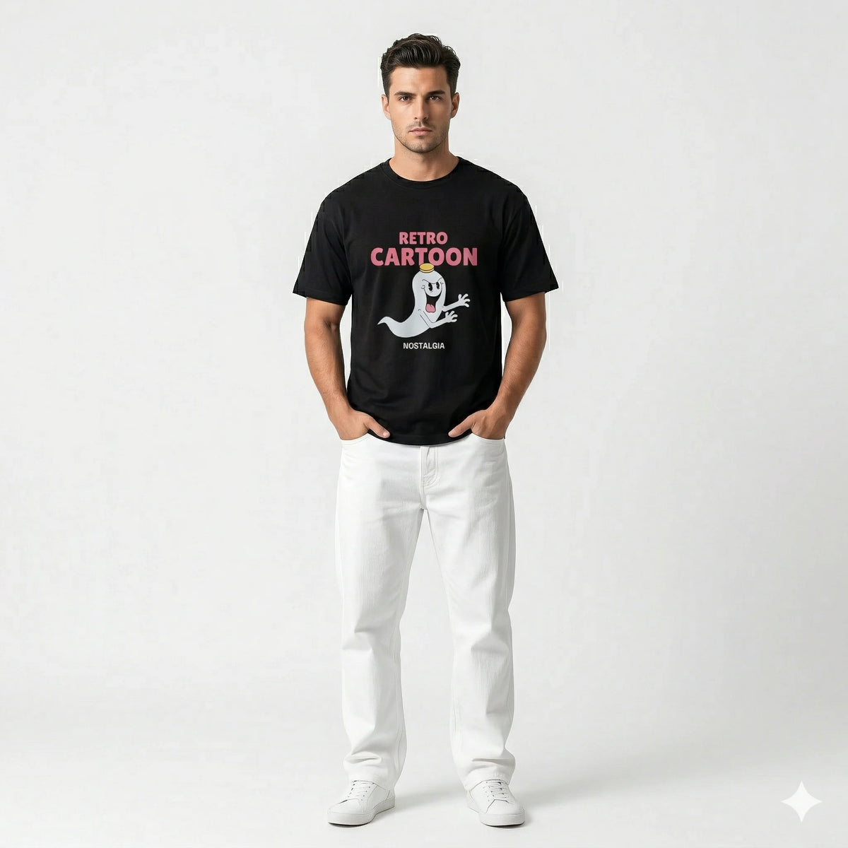 Man wearing a black t-shirt with 'Retro Cartoon' design on a white background