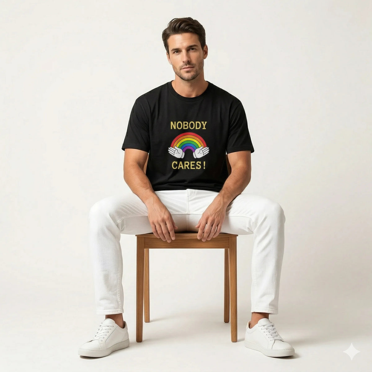 Man wearing a black t-shirt with 'Nobody Cares!' and a rainbow design against a blue tiled wall.