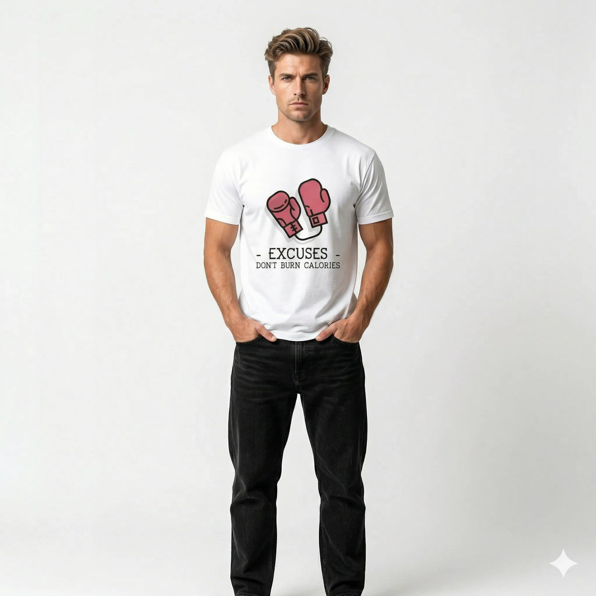 Man wearing a white t-shirt with boxing glove graphics and text on a plain background