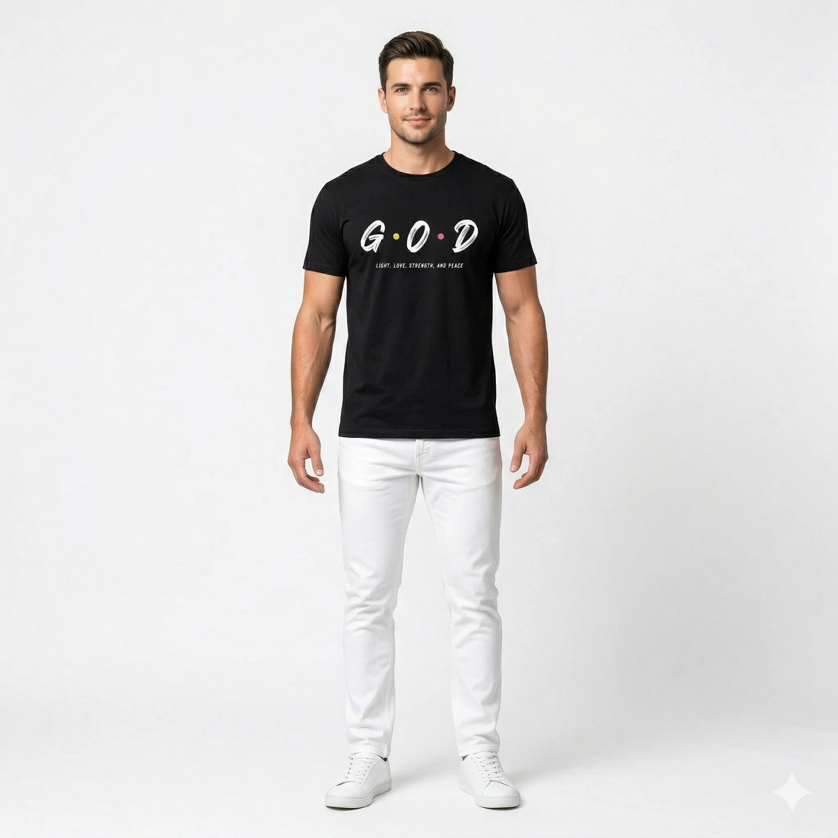 Man wearing a black t-shirt with 'GOD' printed on it at the beach.