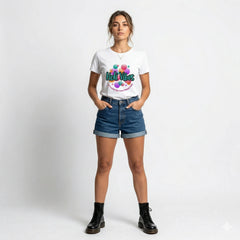 Woman wearing a white t-shirt with colorful text and design, standing against a plain background