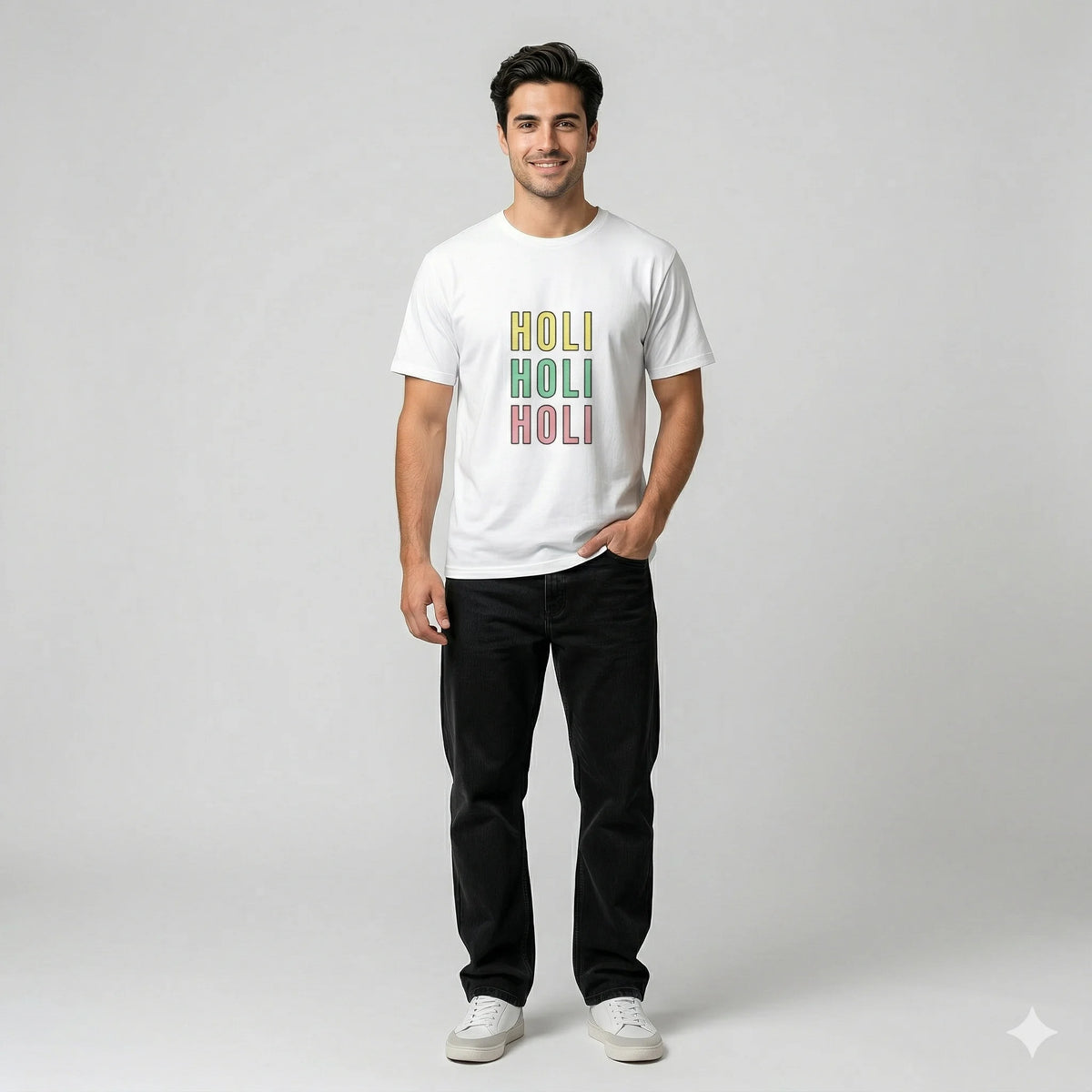 Man wearing a white t-shirt with 'HOLI' text in colorful letters on a plain background