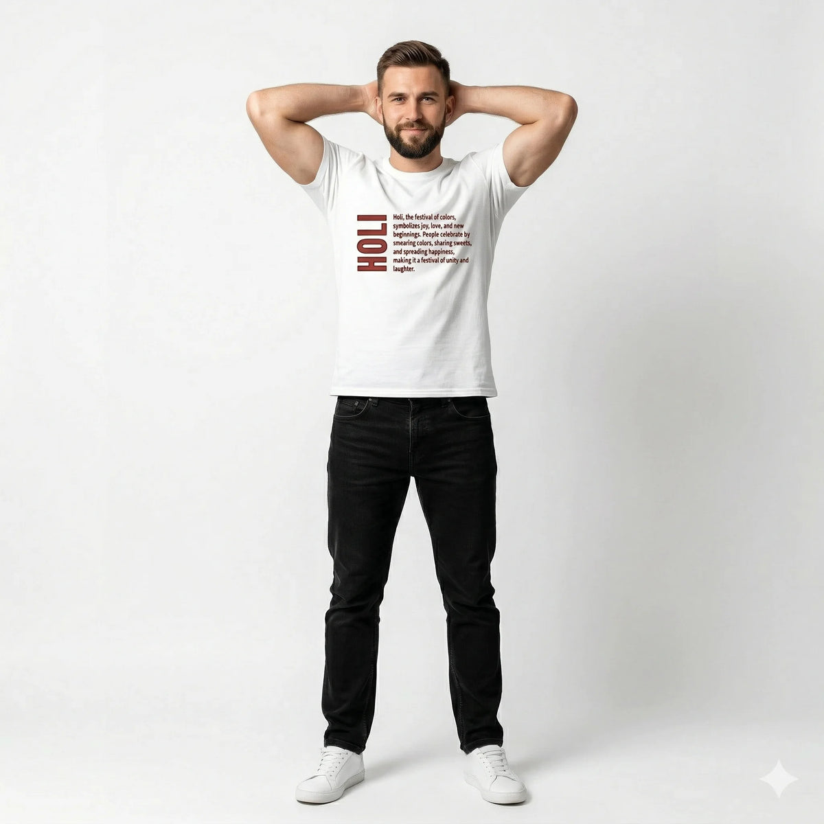 Man wearing a white t-shirt with text design on a plain background