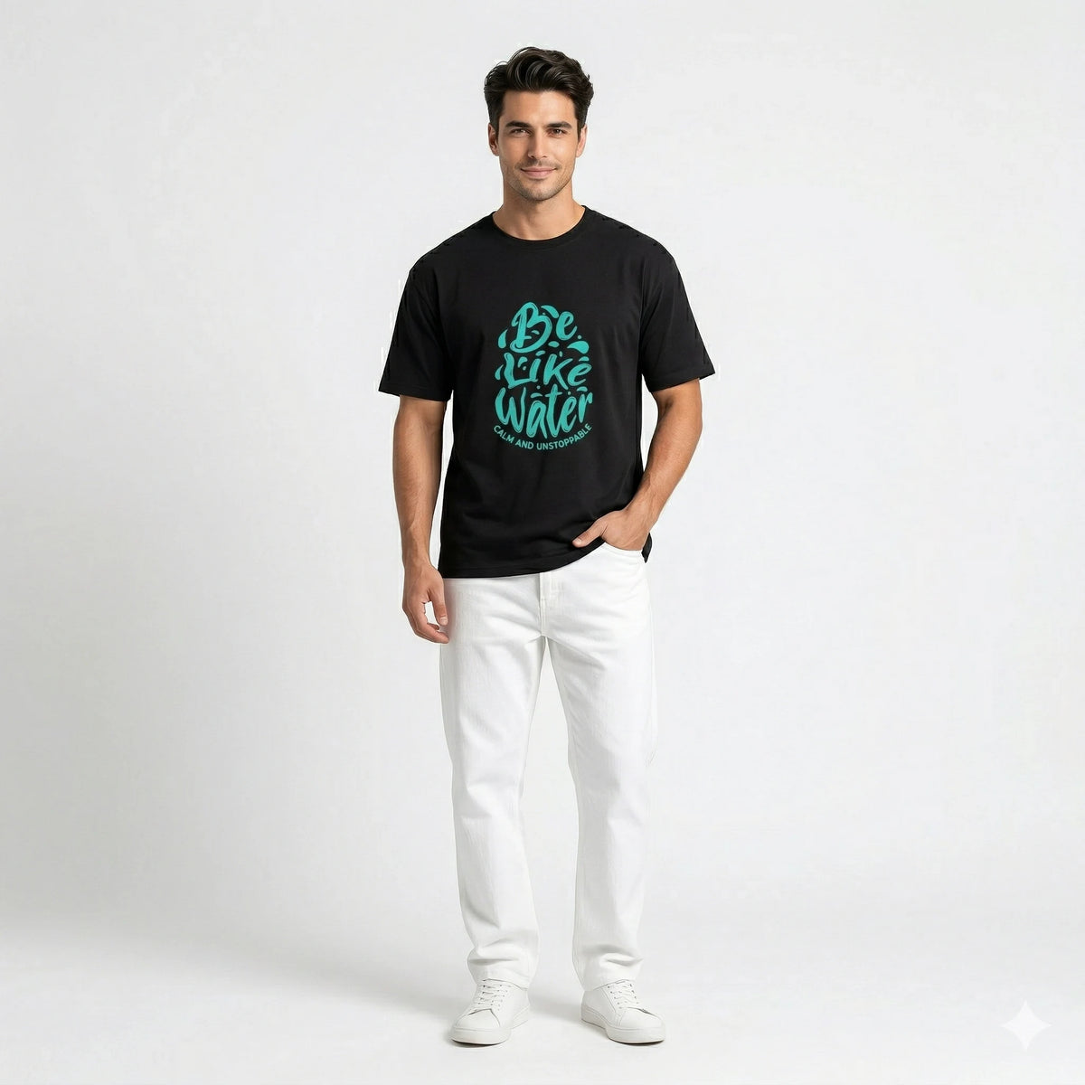 Man wearing a black t-shirt with teal text on a white background