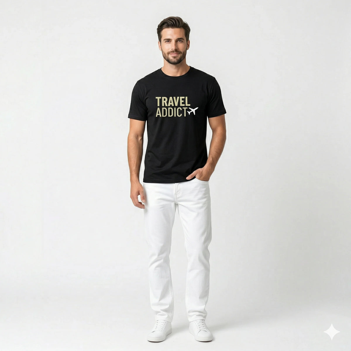 Man wearing a black t-shirt with 'Travel Addict' text on a white background