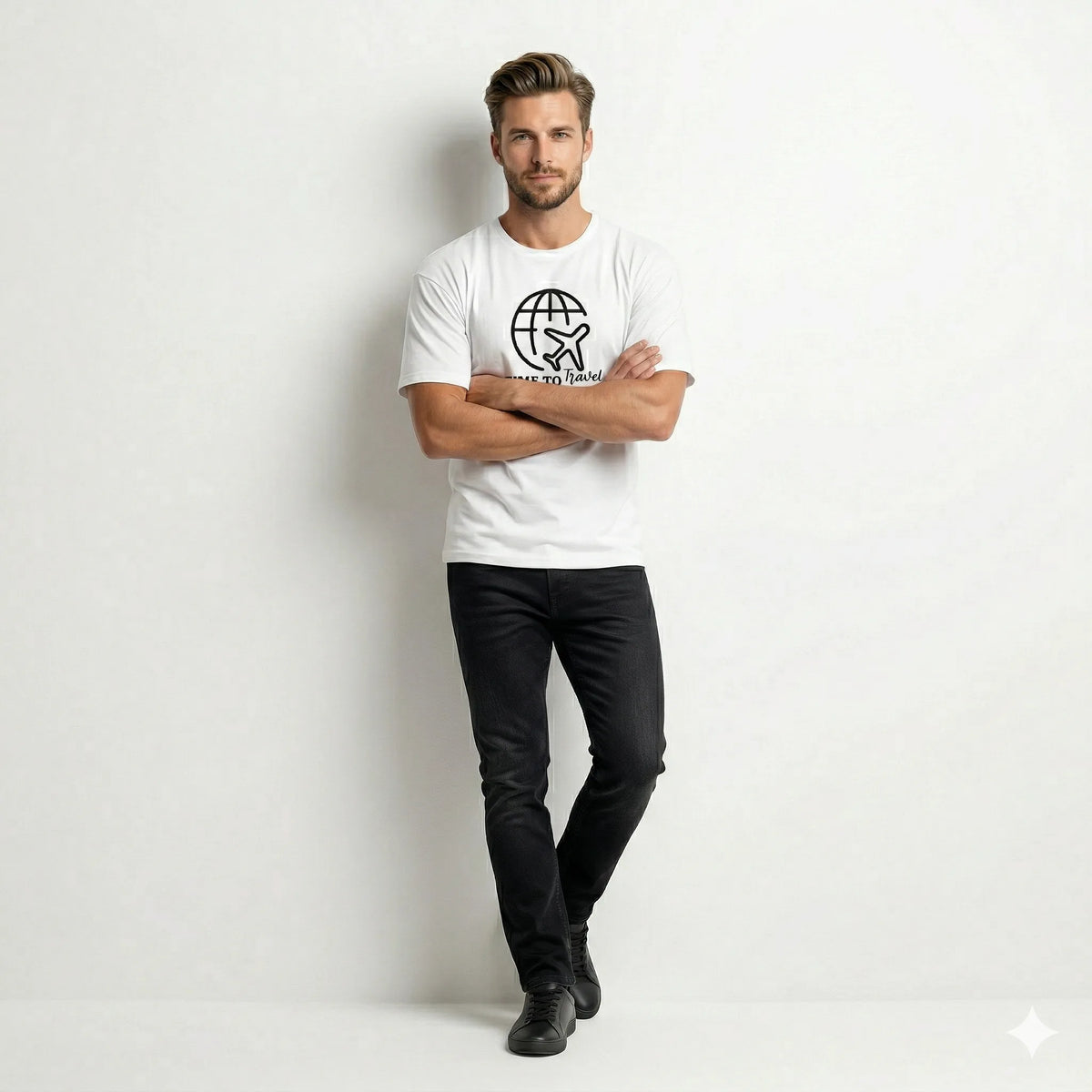 Man wearing a white t-shirt with a graphic design on a textured gray background