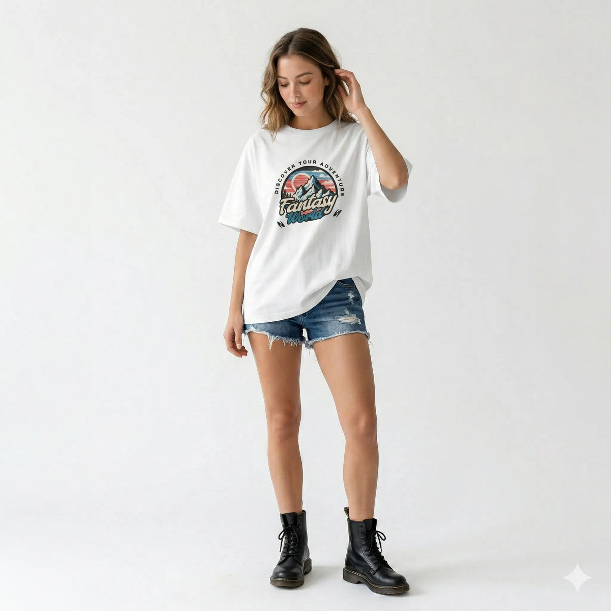 Woman wearing a white t-shirt with a graphic design and denim shorts on a white background