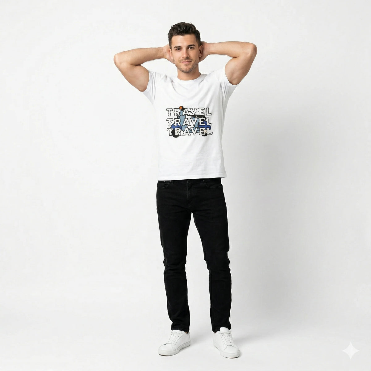 Man wearing a white t-shirt with 'TRAVEL' text on a white background