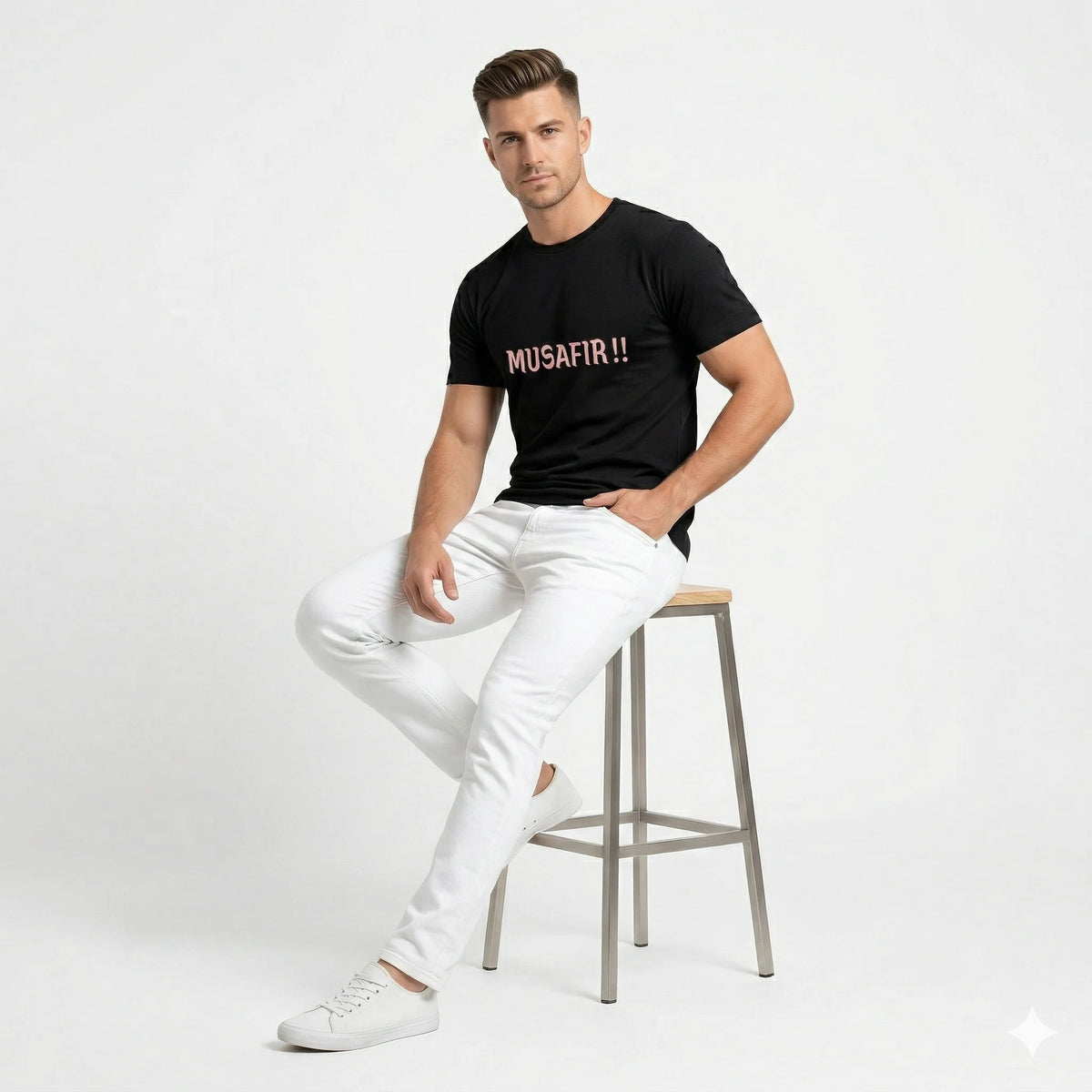 Man sitting on a stool wearing a black t-shirt with 'MUSAFIR!!' text and white pants.