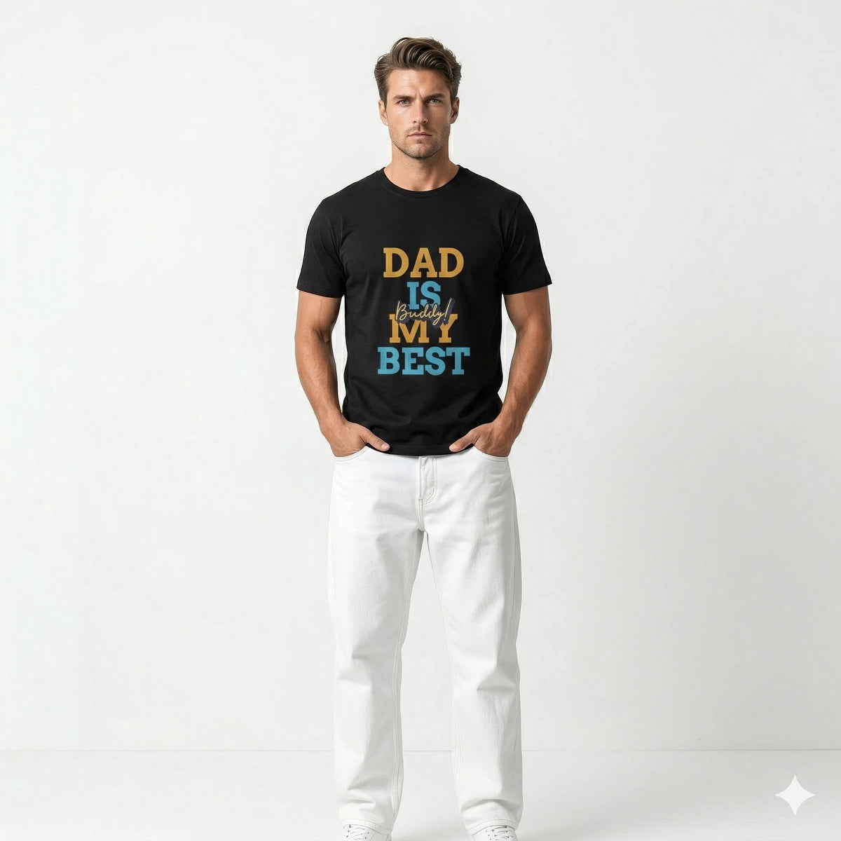 Man wearing a black t-shirt with 'Dad is my best' text on a white background