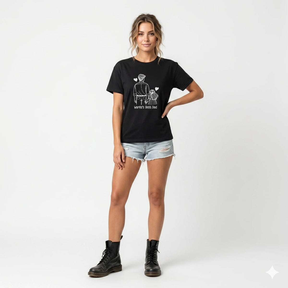 Woman wearing a black t-shirt with a graphic design on a white background