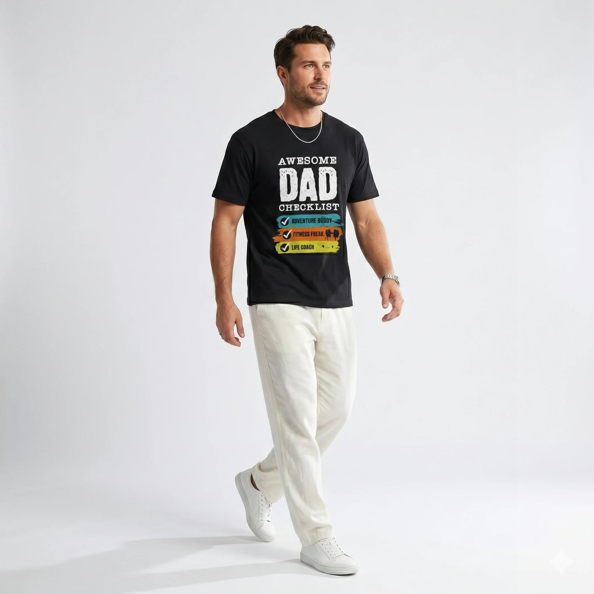 Man wearing a black t-shirt with 'Awesome Dad Checklist' text on a white background