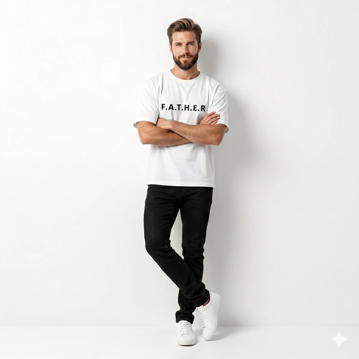 Man wearing a white t-shirt with 'F.A.T.H.E.R.' text, black pants, and white sneakers on a white background
