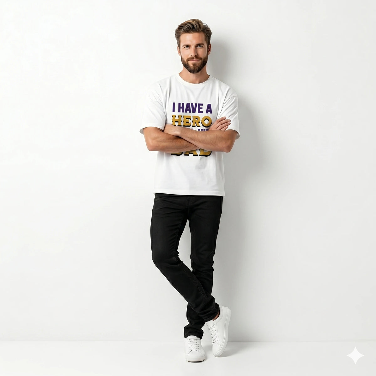 Man wearing a white t-shirt with text standing against a white background