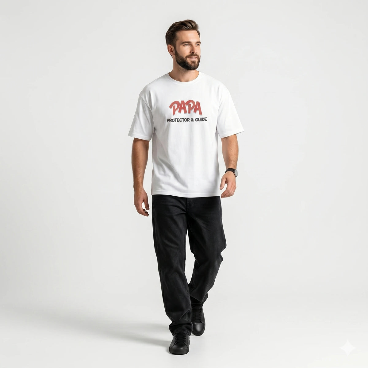 Man wearing a white t-shirt with 'PAPA' text on a plain background