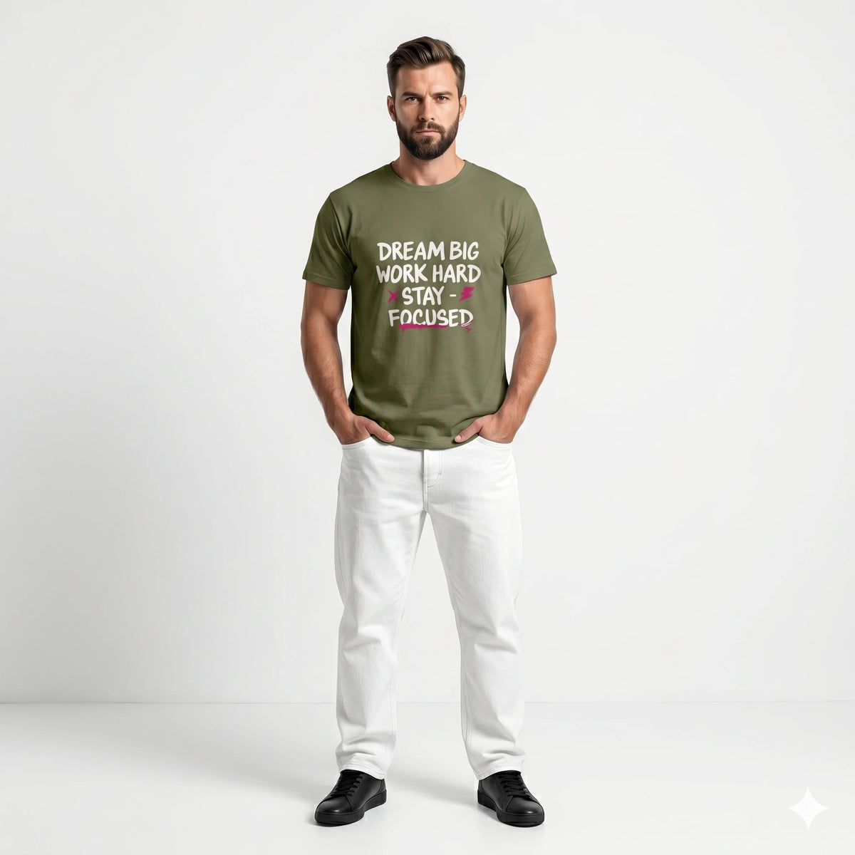 Man wearing a green t-shirt with motivational quote on a white background