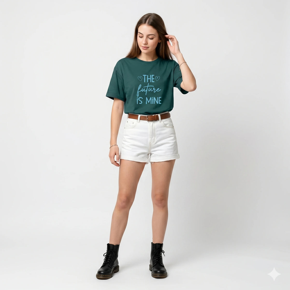 Woman wearing a green t-shirt with 'The future is mine' text on a white background