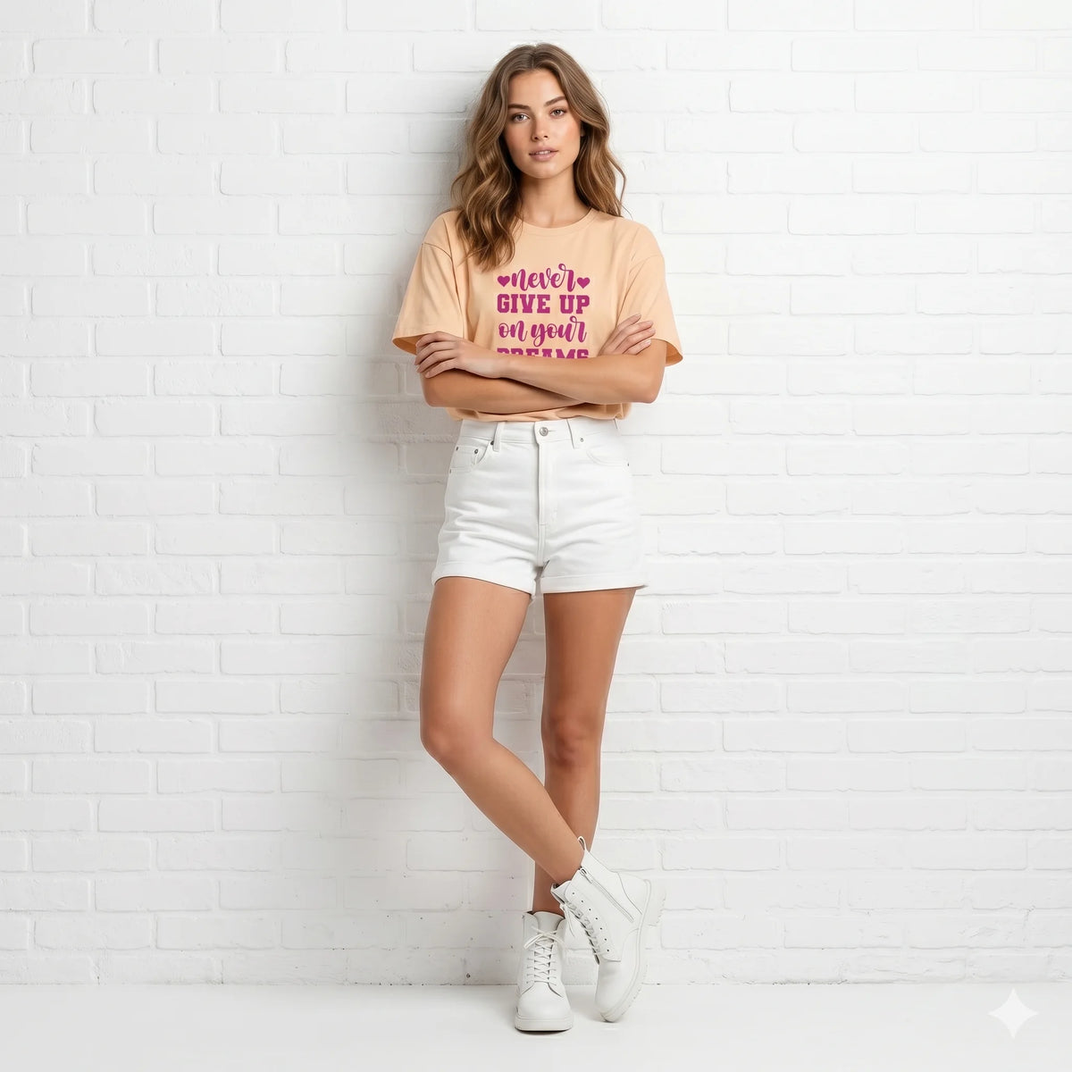 Woman wearing a peach t-shirt with motivational text outdoors