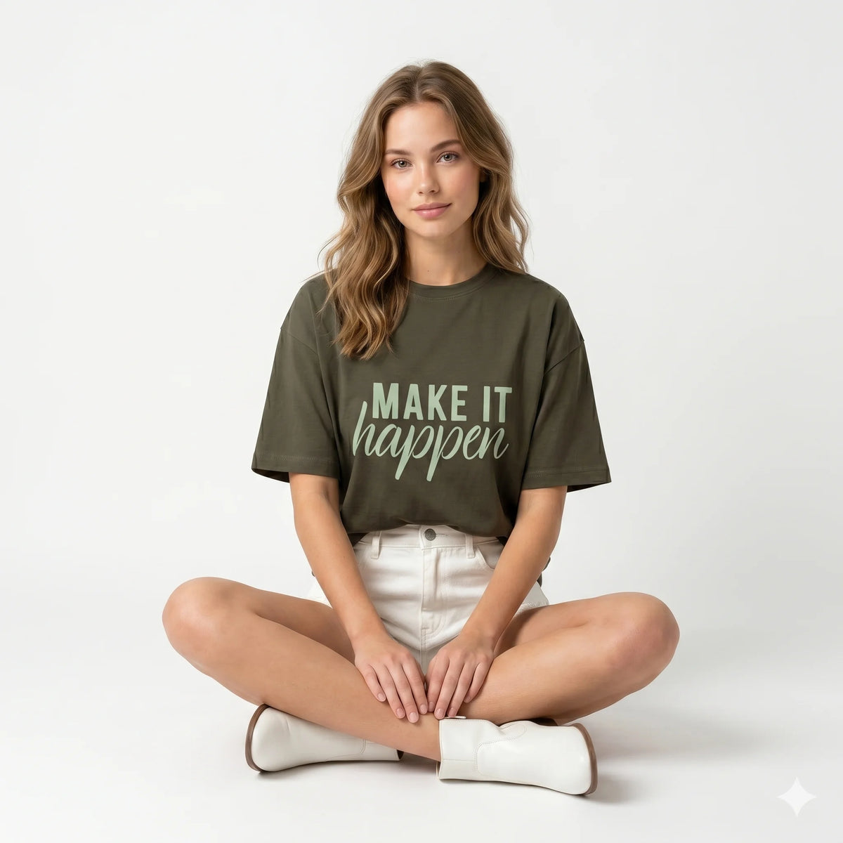 Woman wearing a green t-shirt with 'MAKE IT HAPPEN' text on a white background