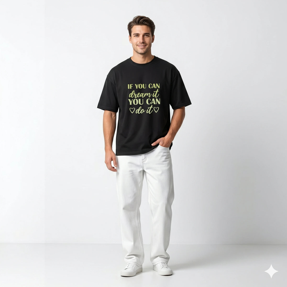 Man wearing a black t-shirt with motivational quote on a white background