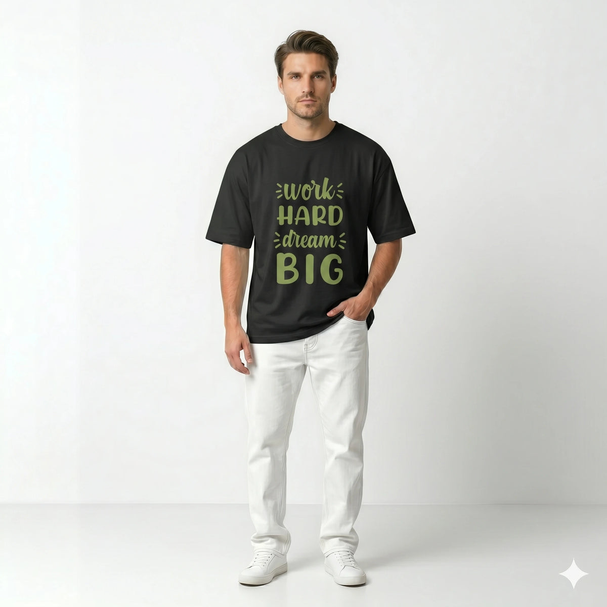 Man wearing a black t-shirt with motivational text on a white background
