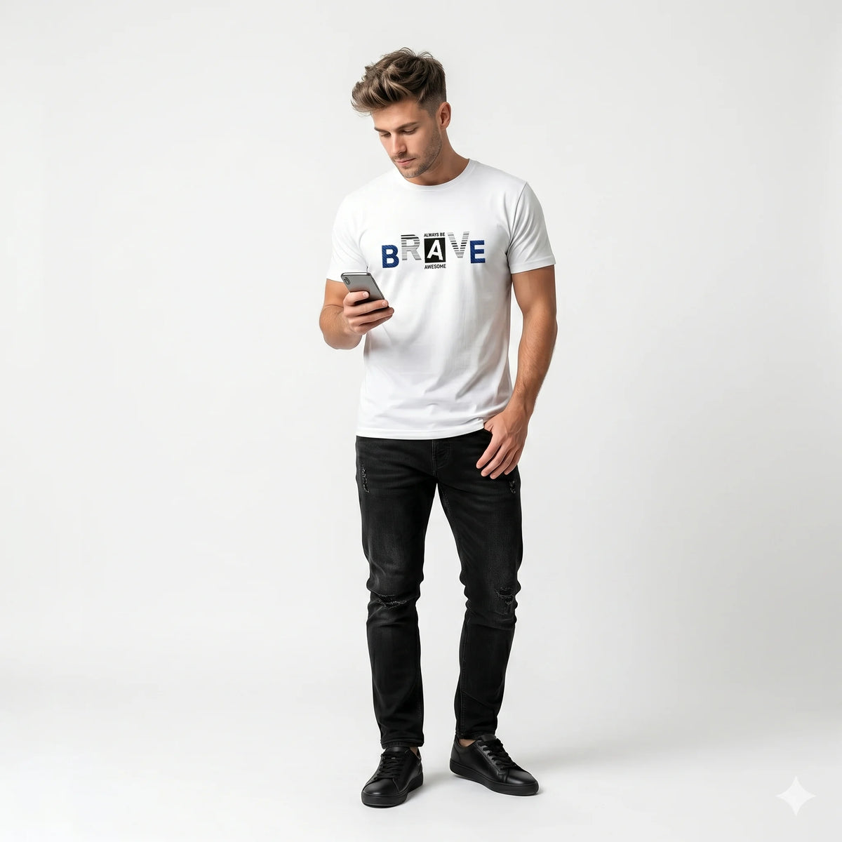 Man wearing a white t-shirt with 'BRAVE' printed on it, standing against a plain background.