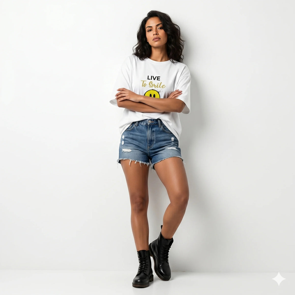 Woman wearing a white t-shirt with a smiley face and denim shorts in an urban setting.