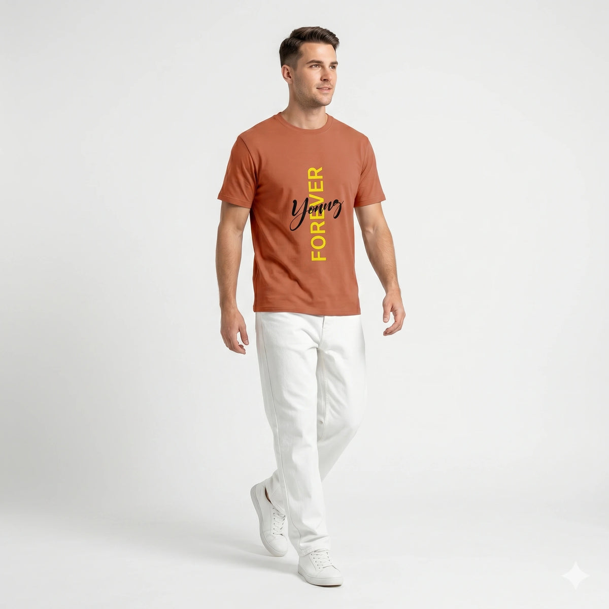 Man wearing a brown t-shirt with yellow text on a white background