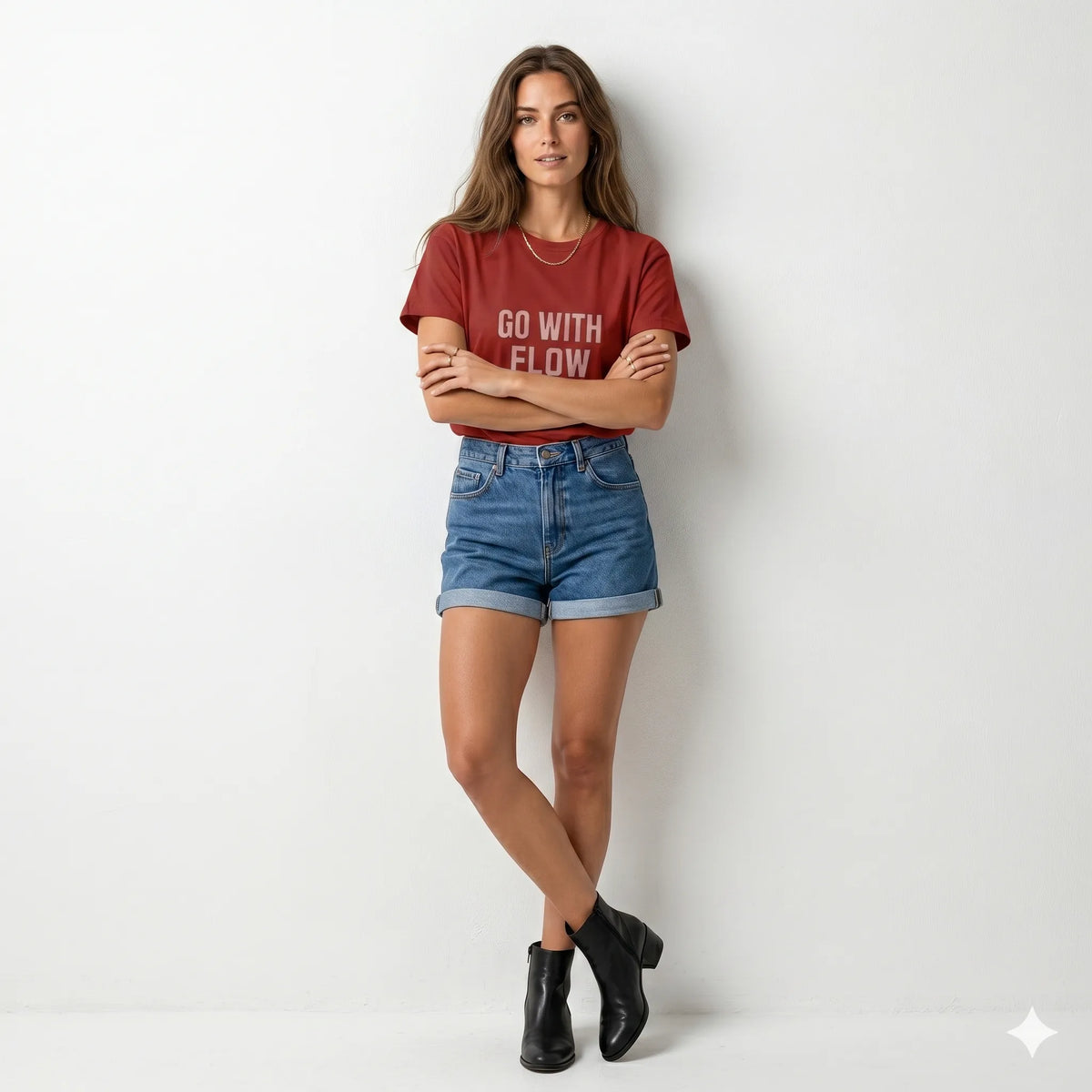 Woman wearing a red t-shirt with text and blue shorts on a white background