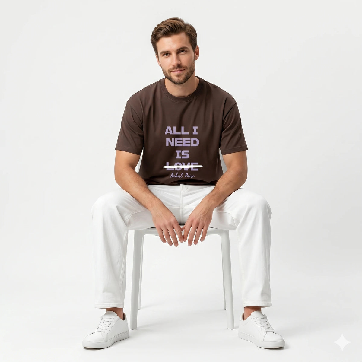 Man wearing a brown t-shirt with 'All I Need is Love' text, sitting on a white chair against a light gray background.