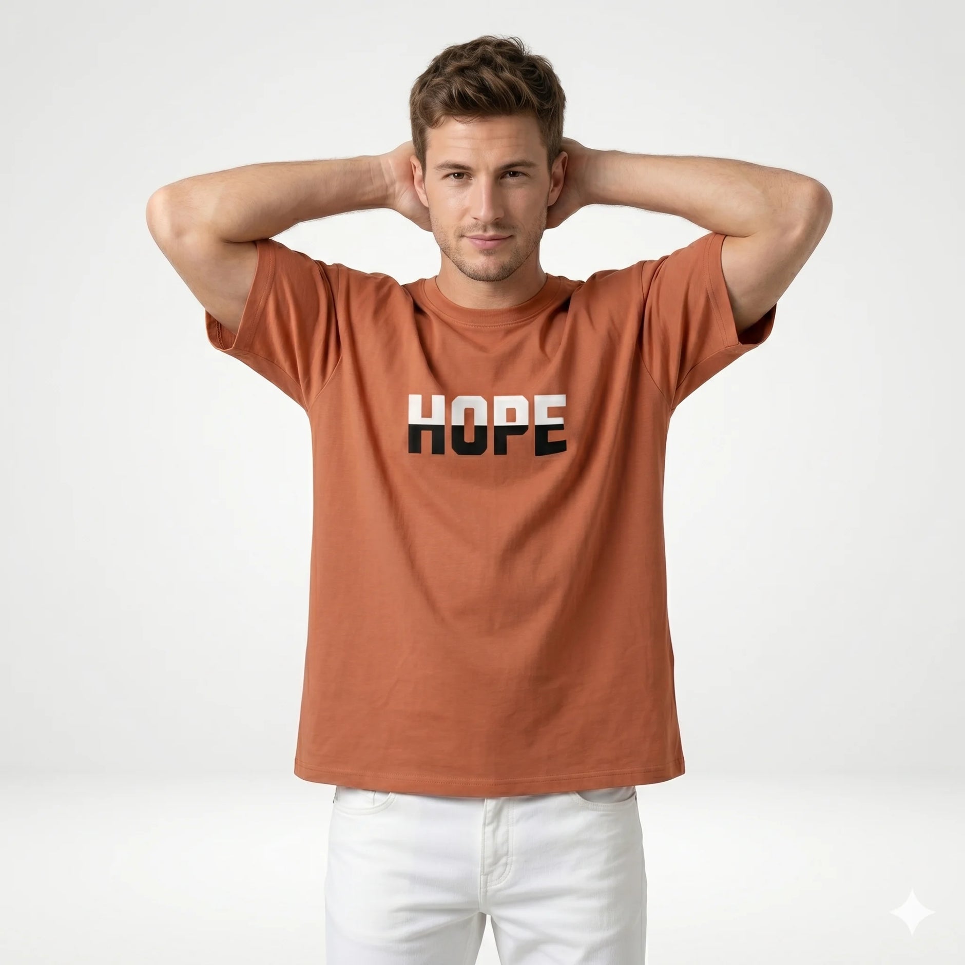 Man wearing a brown t-shirt with 'HOPE' printed on it against a white background