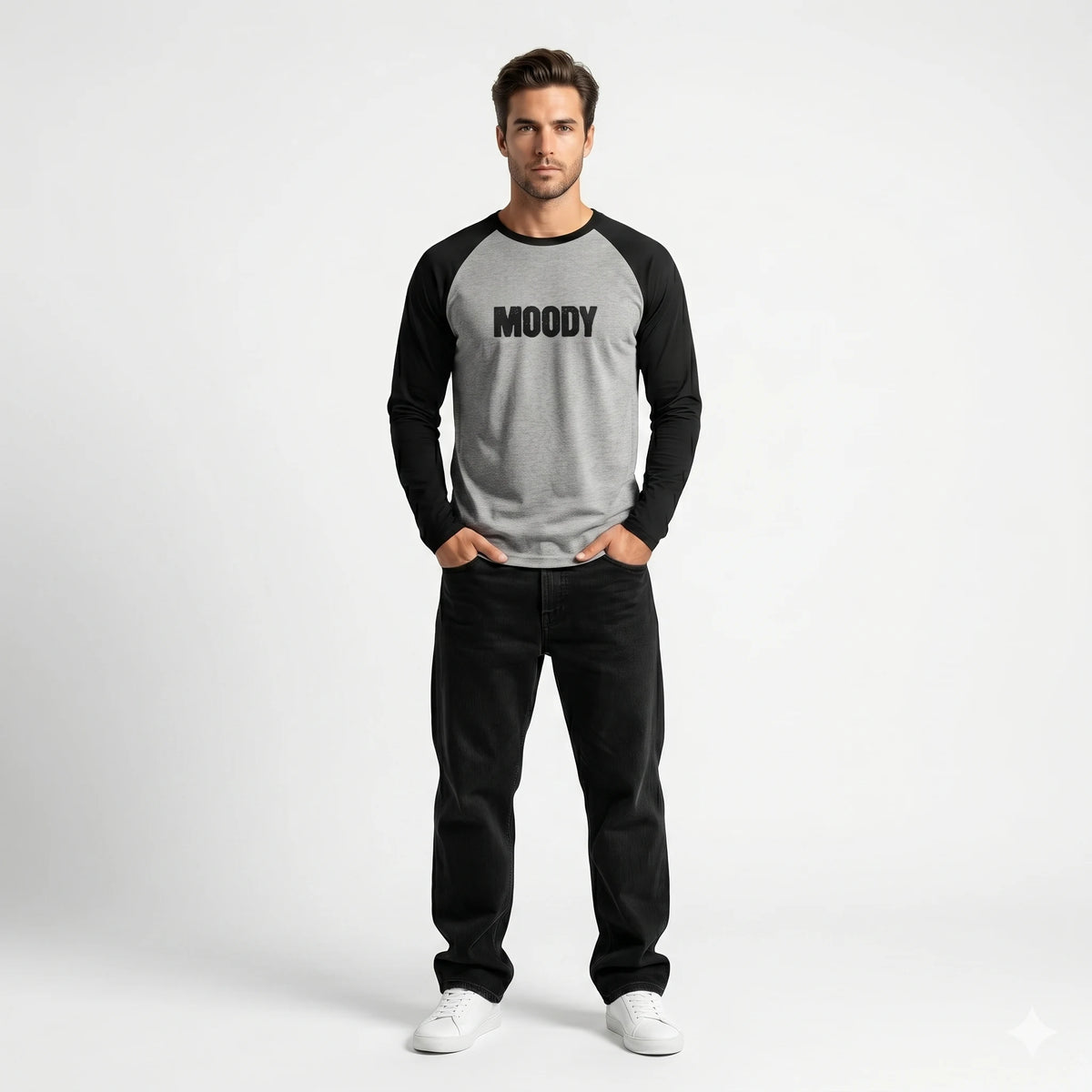 Man wearing a gray and black long-sleeve shirt with 'MOODY' text on a white background