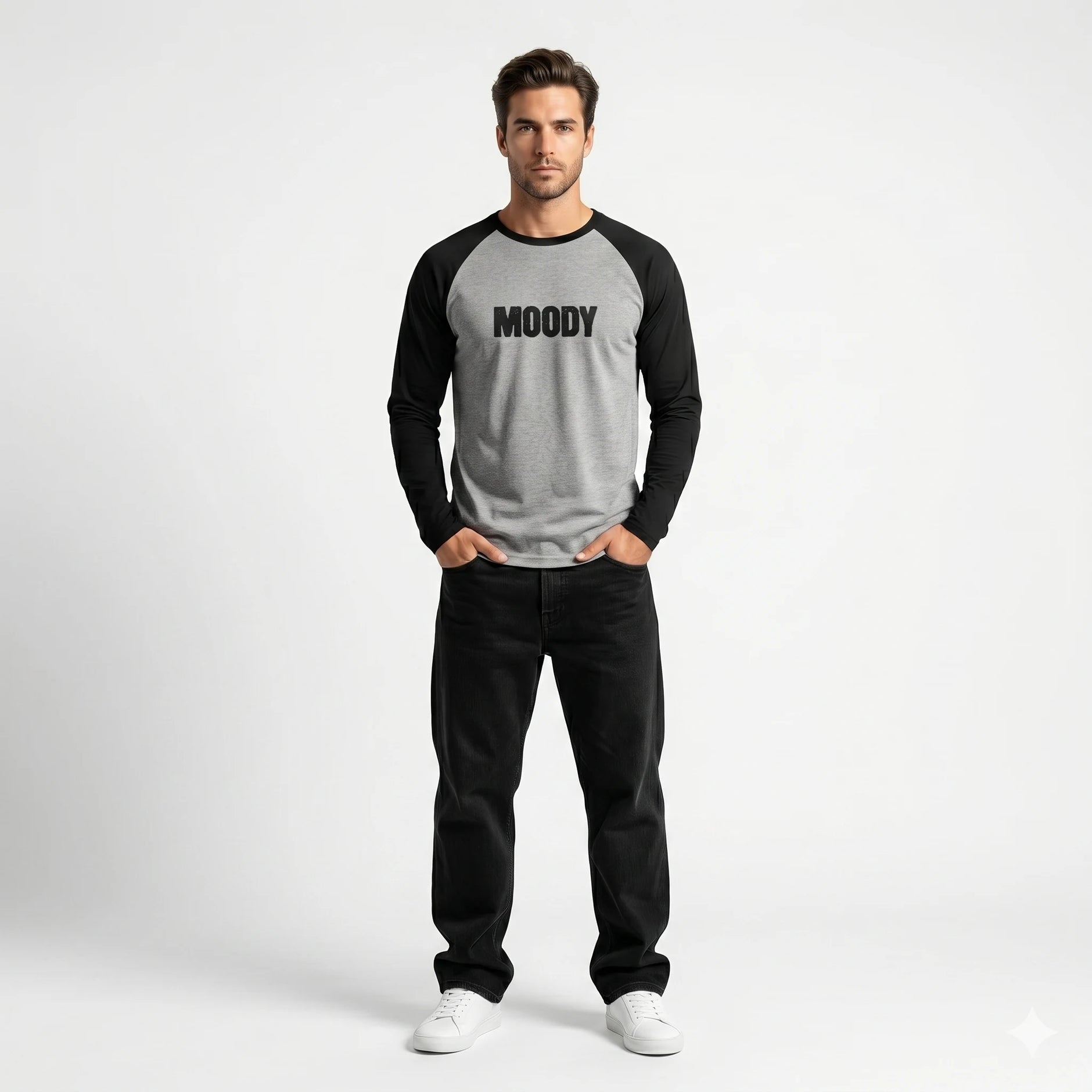 Man wearing a gray and black long-sleeve shirt with 'MOODY' text on a white background