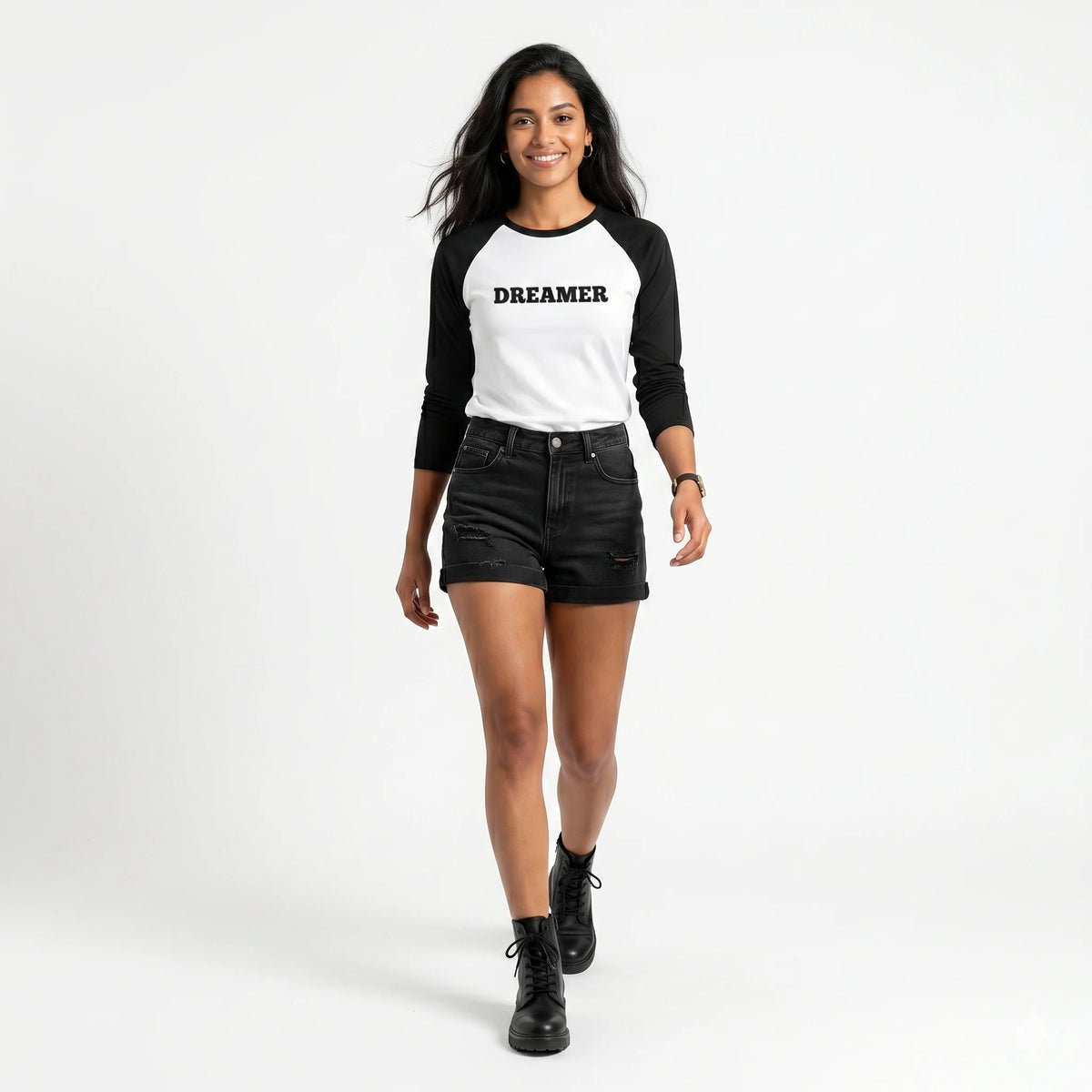 Black and white baseball shirt with 'DREAMER' text on a white background