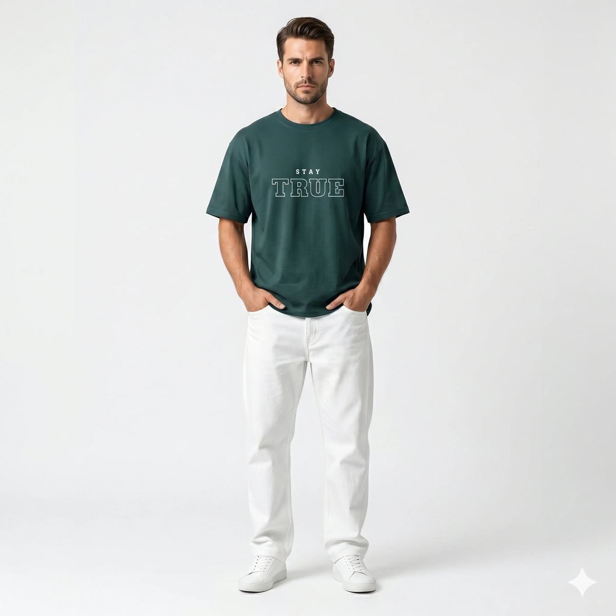 Man wearing a green t-shirt with 'Stay True' text on a white background