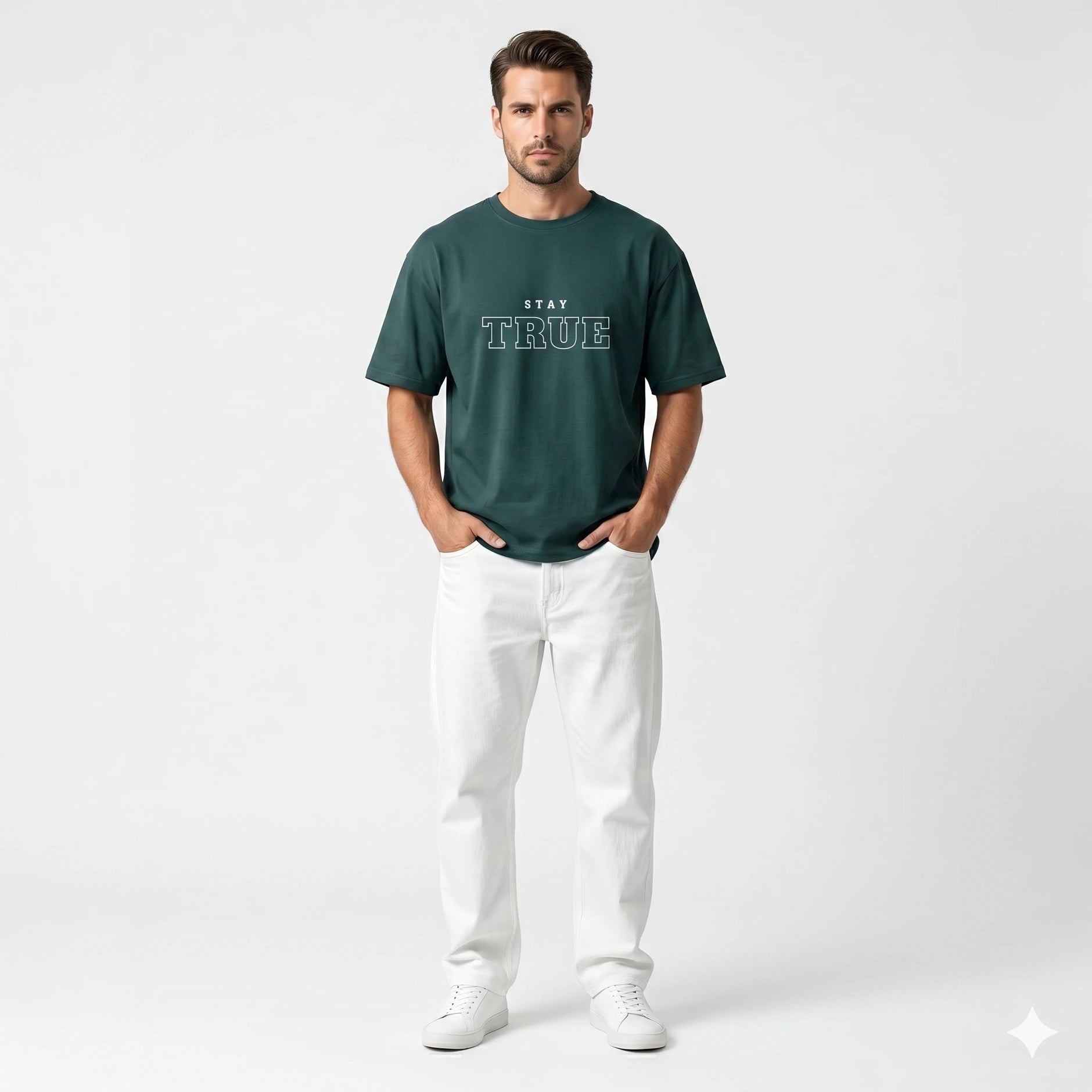 Man wearing a green t-shirt with 'Stay True' text on a white background