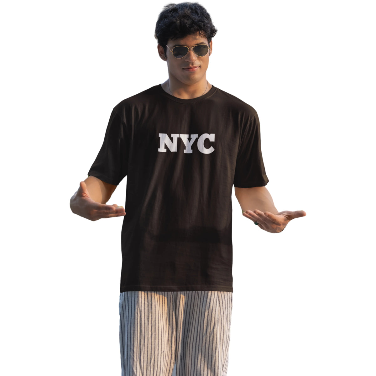 Person wearing a black t-shirt with 'NYC' text on a white background