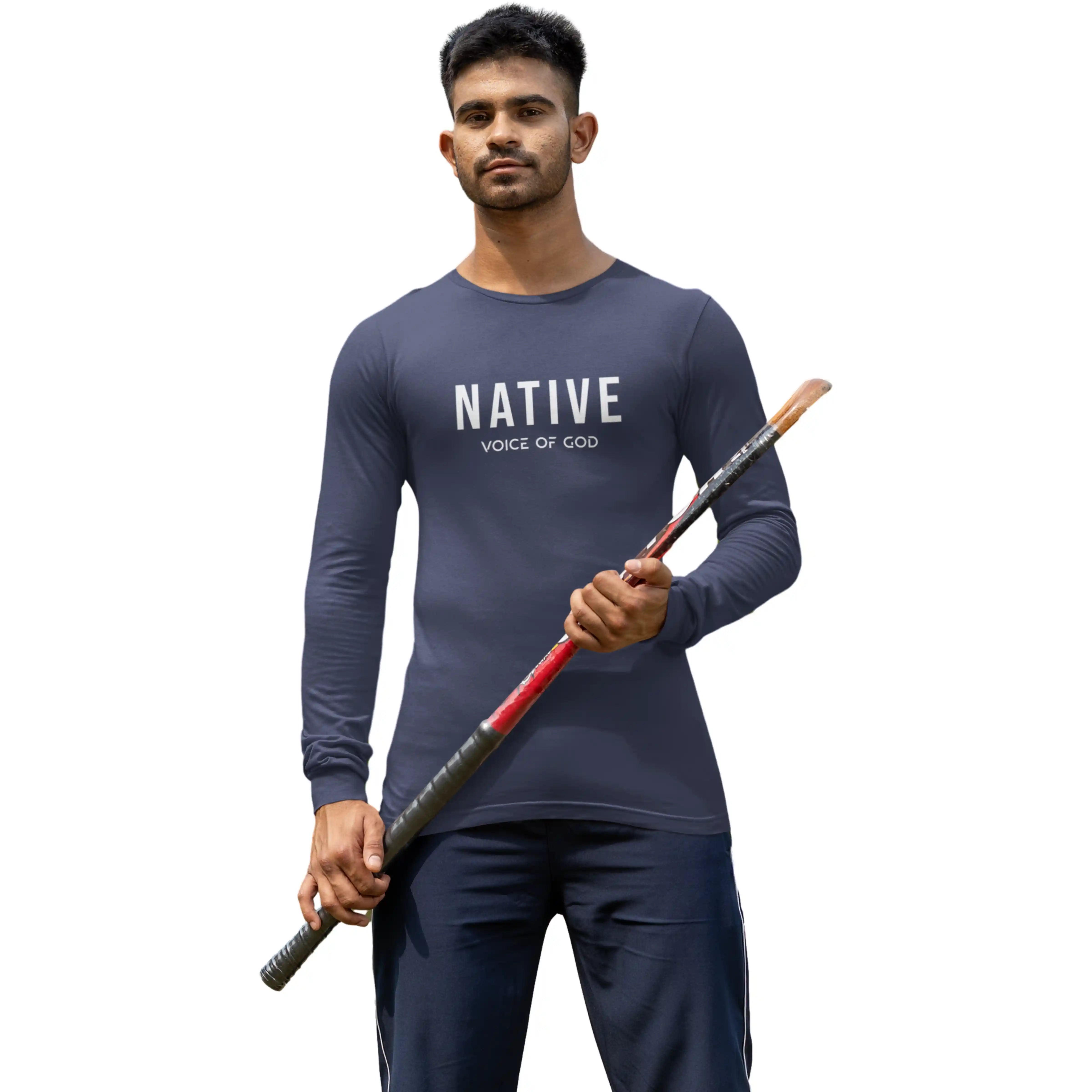 Man wearing a dark blue 'NATIVE' shirt holding a sword on a white background