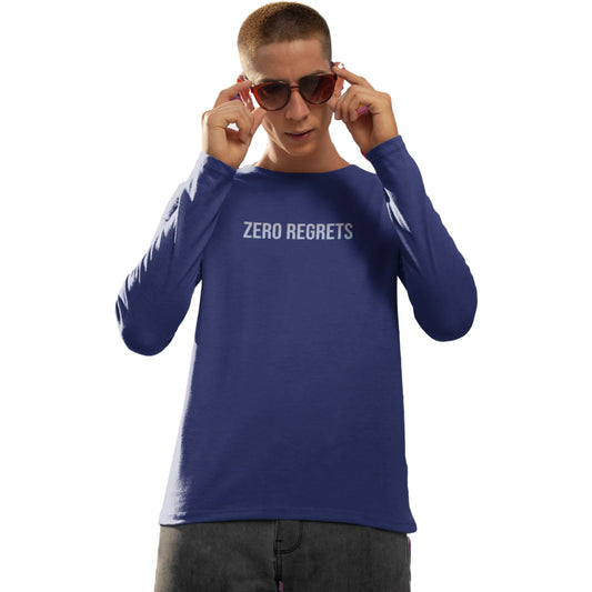 Person wearing a blue long-sleeve shirt with 'ZERO REGRETS' text on a white background